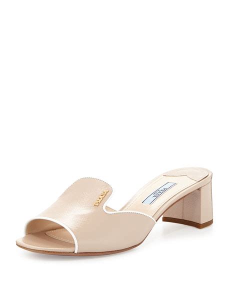 Prada Patent Saffiano Slide Sandal, Cipria/Bianco 